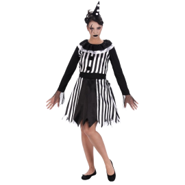 Déguisement clown femme noir et blanc S, comprenant robe et chapeau, idéal pour Halloween, disponible sur Badaboum.fr.