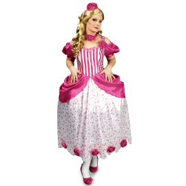 Déguisement de princesse pour enfant, taille m, avec motif floral rose, comprenant robe, couronne, et accessoires assortis, disponible sur Badaboum.fr