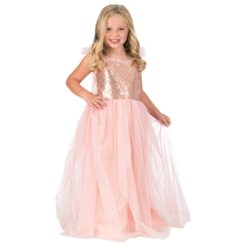 Une petite fille souriante habillée en princesse Rosalia avec une robe rose scintillante, taille 116 cm, disponible sur Badaboum.fr.