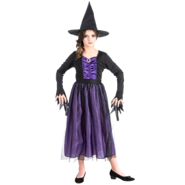 Costume de Sorcière Violette Agatha pour fille en 140 cm, comprenant robe et chapeau, idéal pour les fêtes d'Halloween, disponible sur Badaboum.fr