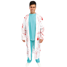 Homme en costume de chirurgien avec blouse blanche ensanglantée pour Halloween