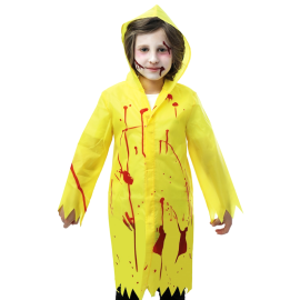 Enfant en costume de danger biologique jaune avec capuche et fausses taches de sang pour Halloween. taille 10/12 ans