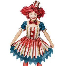 Petite fille souriante en costume de clown vintage avec robe à motifs, mini chapeau et nœud papillon, prête pour Halloween. taille 7/9 ans