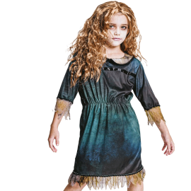 Jeune fille portant un déguisement de poupée glauque avec robe détaillée pour Halloween pour fille 7/9 ans