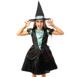 Jeune fille dynamique en costume de sorcière dragon avec chapeau et robe aux détails d'écailles pour Halloween. Taille 7/9 ans