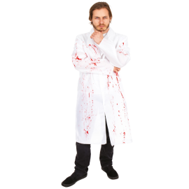 Homme en déguisement d'Halloween avec blouse blanche tachée de sang