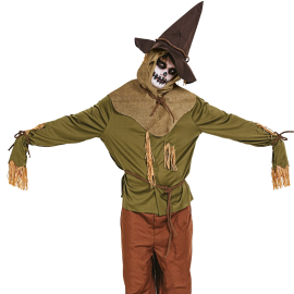 Adulte en costume d'épouvantail Halloween avec chapeau, capuche, haut vert et pantalon brun, prêt à effrayer. taille l/xl