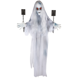 Fantôme enchaîné à suspendre avec effets animés, sonores et lumineux, disponible sur Badaboum.fr pour Halloween.