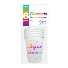 6 Gobelets en carton blanc et multicolore Joyeux Anniversaire 25cl