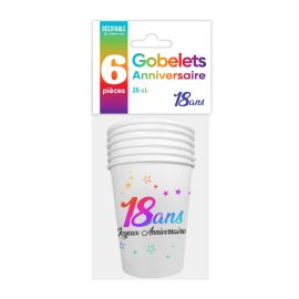 6 gobelets en carton multicolore anniversaire 18 ans 25cl