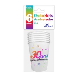 6 gobelets en carton multicolore anniversaire 30 ans 25cl