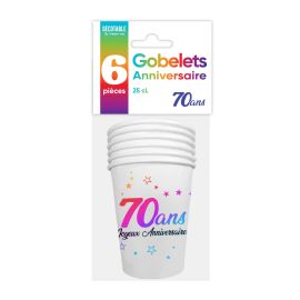 6 Gobelets en carton anniversaire 70 ans pas cher multicolore 25cl