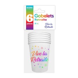 6 Gobelets pas cher en carton vive la retraite multicolore 25cl