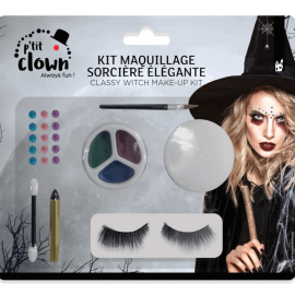 Kit complet de maquillage de sorcière chic avec faux cils pour Halloween disponible sur Badaboum.fr