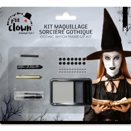 Kit de maquillage de sorcière gothique pour Halloween avec accessoires inclus.