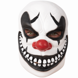 Masque de clown effrayant en latex avec des détails noirs et rouges, idéal pour Halloween