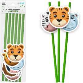 Pailles en papier thème jungle avec décorations animaux pour fête d'anniversaire enfants - 20 cm - Badaboum.fr
