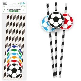 Lot de 6 pailles en papier décorées avec des ballons de football pour anniversaire d'enfant, disponibles sur Badaboum.fr