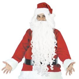 Ensemble perruque et barbe extra longue blanche du Père Noël, pour un déguisement de qualité supérieure. Taille adulte, idéal pour les fêtes de Noël, les animations et événements festifs. Disponible sur Badaboum.fr.