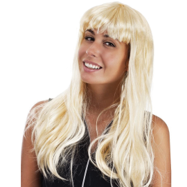 perruque longue raide avec frange blonde