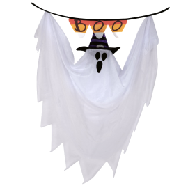 Petit fantôme blanc à suspendre avec chapeau de sorcière, 60cm, parfait pour décoration Halloween, disponible sur Badaboum.fr