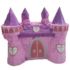 Piñata en forme de château de princesse dans les tons rose et parme pour anniversaire enfant, dimensions 35 x 85 x 41 cm - Badaboum.fr