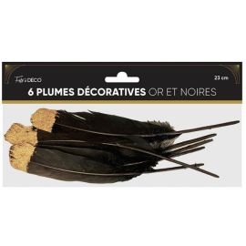 6 Plumes décoratives Or et Noires 23 cm pas cher
