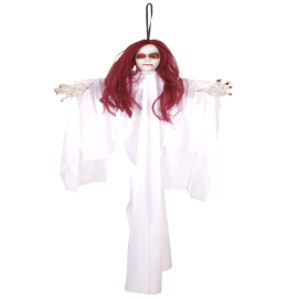 Poupée maléfique à suspendre avec cheveux rouges et yeux lumineux, décoration parfaite pour effrayer à Halloween, disponible sur Badaboum.fr