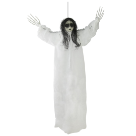 Poupée maléfique à suspendre en blanc, avec cheveux noirs et mains squelettiques, parfaite pour effrayer vos invités à Halloween.