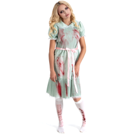 Déguisement terrifiant femme robe ensanglantée horreur Halloween 3 pièces taille S, idéal pour une fête effrayante.