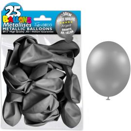 Pack de 25 ballons métalliques argent de 30 cm, idéaux pour décorations de fête et événements, disponibles sur Badaboum.fr.