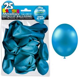 Pack de 25 ballons métalliques bleu turquoise de 30 cm, idéaux pour décorations de fête et événements, disponibles sur Badaboum.fr.