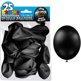 Pack de 25 ballons métalliques noir de 30 cm, idéaux pour décorations de fête et événements, disponibles sur Badaboum.fr.