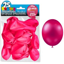 Pack de 25 ballons métalliques fuschia de 30 cm, idéaux pour décorations de fête et événements, disponibles sur Badaboum.fr.