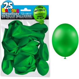 Pack de 25 ballons métalliques vert jardin de 30 cm, idéaux pour décorations de fête et événements, disponibles sur Badaboum.fr.