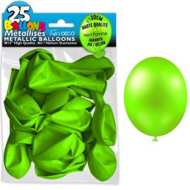 Pack de 25 ballons métalliques vert anis de 30 cm, idéaux pour décorations de fête et événements, disponibles sur Badaboum.fr.