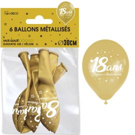 Ballon métallique doré 18 ans pour anniversaire, 30 cm, lot de 6. décoration fetes pas cher et livraison 24h rapide chez Badaboum