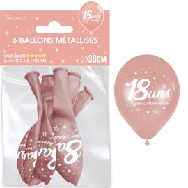 Ballons métallisés 18 ans en rose gold, résistants pour air et hélium, 30 cm, lot de 6