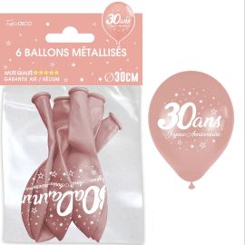 Pack de 6 ballons métallisés rose gold pour 30ème anniversaire, taille 30cm, qualité premium.