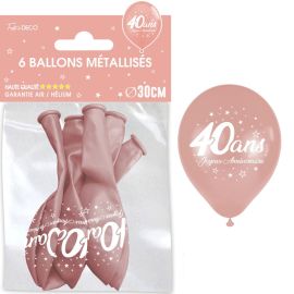 Pack de 6 ballons métallisés rose gold pour 40ème anniversaire, taille 30cm, qualité premium.