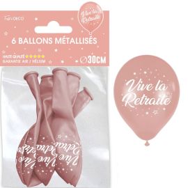 Lot de 6 ballons latex métallisés rose gold 'Vive la Retraite' de 30cm pour fête.