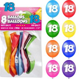 Lot de 8 ballons multicolores avec le numéro 18 pour célébration de majorité. décoration fetes pas cher et livraison 24h rapide chez Badaboum