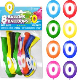 Pack de 8 ballons anniversaire chiffre 0 multicolores, 30 cm, en latex pour fêtes et célébrations.