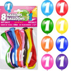 Lot de 8 ballons en latex multicolore avec le chiffre 1 pour célébration d'anniversaire, Ø30cm.