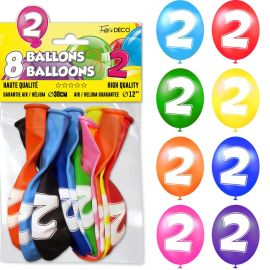 Pack de 8 ballons multicolores avec le chiffre 2 pour anniversaire, 30cm de diamètre, à découvrir sur Badaboum.fr.