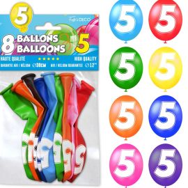 Pack de 8 ballons multicolores avec le chiffre 5 pour anniversaire, 30cm de diamètre, à découvrir sur Badaboum.fr.