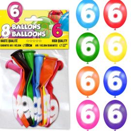 Pack de 8 ballons multicolores avec le chiffre 6 pour anniversaire, 30cm de diamètre, à découvrir sur Badaboum.fr.