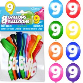 Pack de 8 ballons multicolores avec le chiffre 9 pour anniversaire, 30cm de diamètre, à découvrir sur Badaboum.fr.