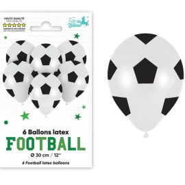 Sachet de 6 ballons de latex à motif de football 30cm pour fêtes d'anniversaire, à acheter sur Badaboum.fr