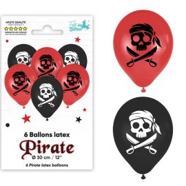 Pack de 6 ballons en latex thème pirate, 30cm, pour fête d'anniversaire, noir et rouge avec motifs crâne et sabres, sur Badaboum.fr